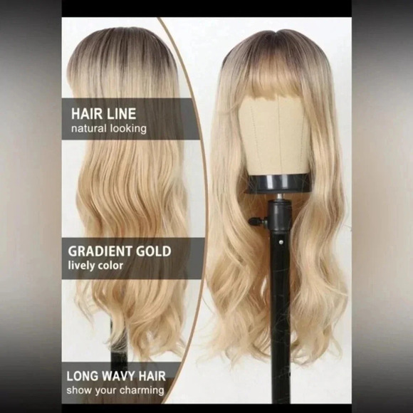 26” Balayage Light Blonde Wavy long Hair Wig & bangs Natural look for daily use - Picture 2 of 10